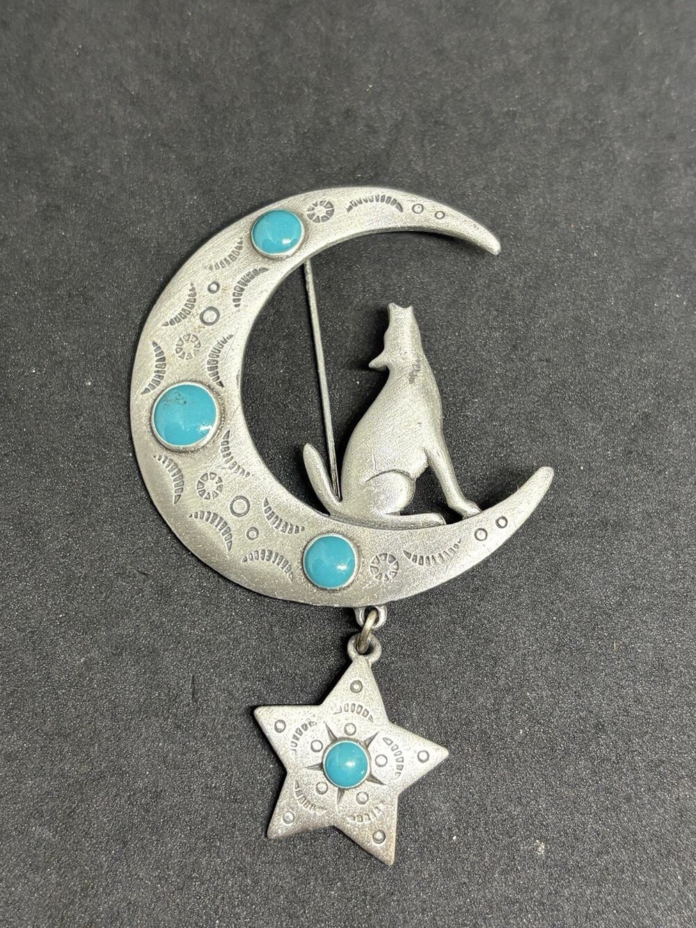 Vintage JJ Jonette Howling Wolf Brooch Pin Moon Pewter Turquoise 1988